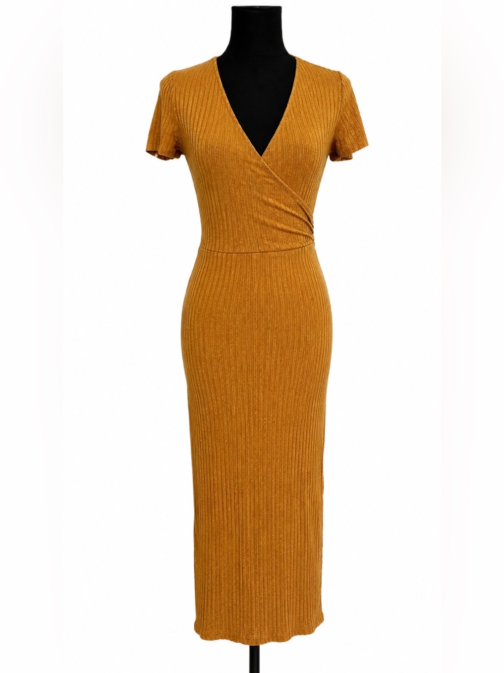 MIXED THREADS TAN BROWN SHORT SLEEVE V NECK RIBBED MAXI DRESS